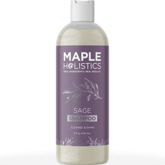 Maple Holistics Sage and Rosemary Shampoo bottle highlights sulfate-free cleansing for oily hair.