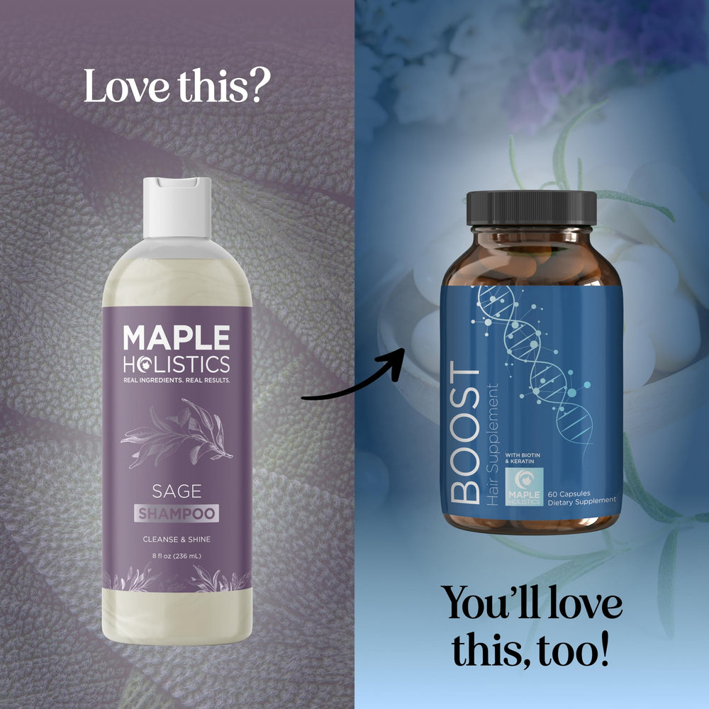 Maple Holistics Sage and Rosemary Shampoo rosemary essential oil spotlight signals clarifying aroma.