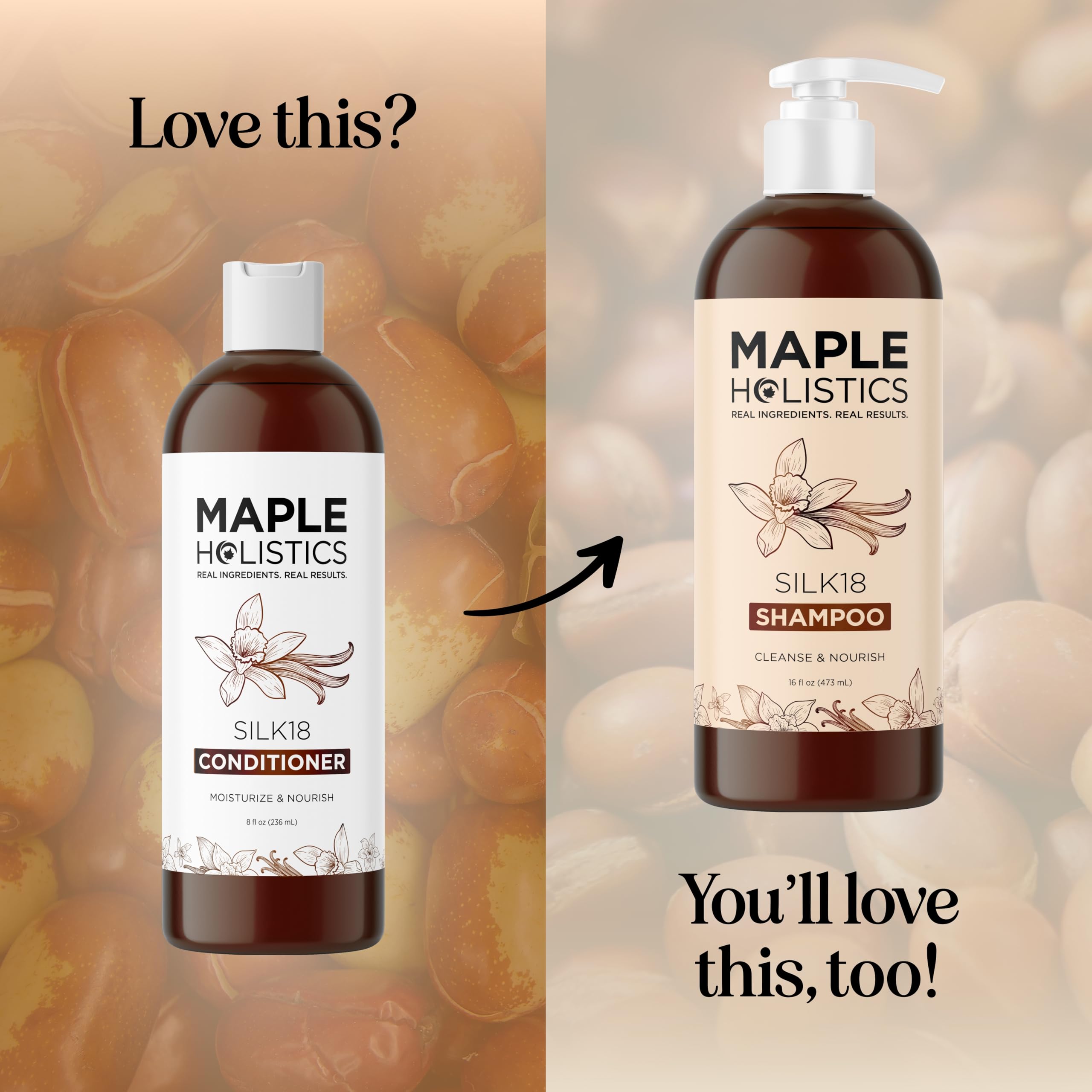 Maple Holistics Silk Protein Conditioner bottle close-up with healthy shine on hair