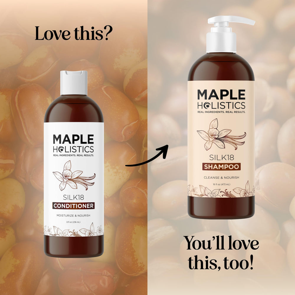 Maple Holistics Silk Protein Conditioner bottle close-up with healthy shine on hair