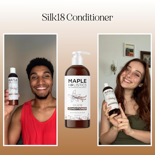Maple Holistics Silk18 conditioner ingredients display featuring shea butter and argan oil