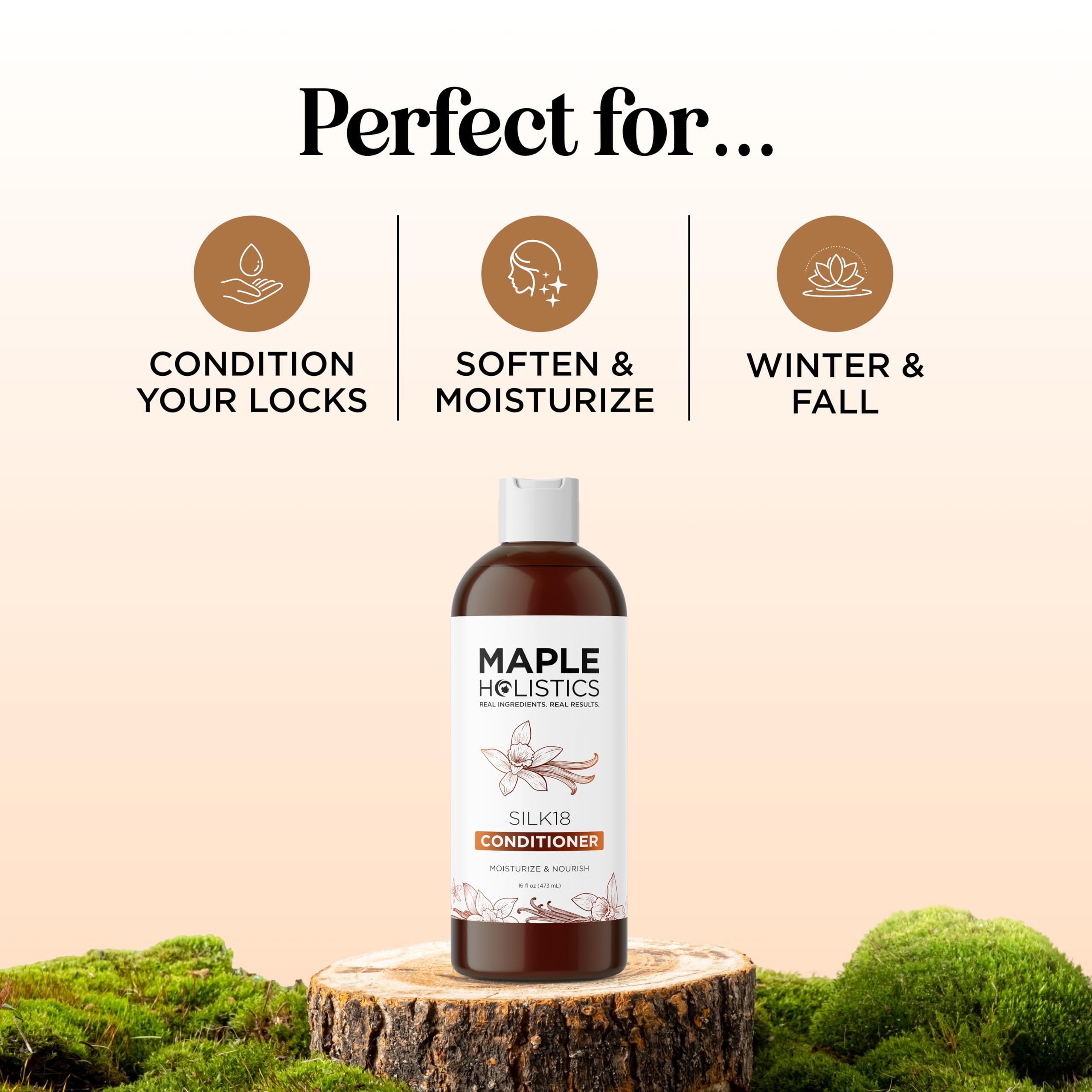 Maple Holistics Silk18 conditioner jar highlighting vanilla aroma for a spa-like routine