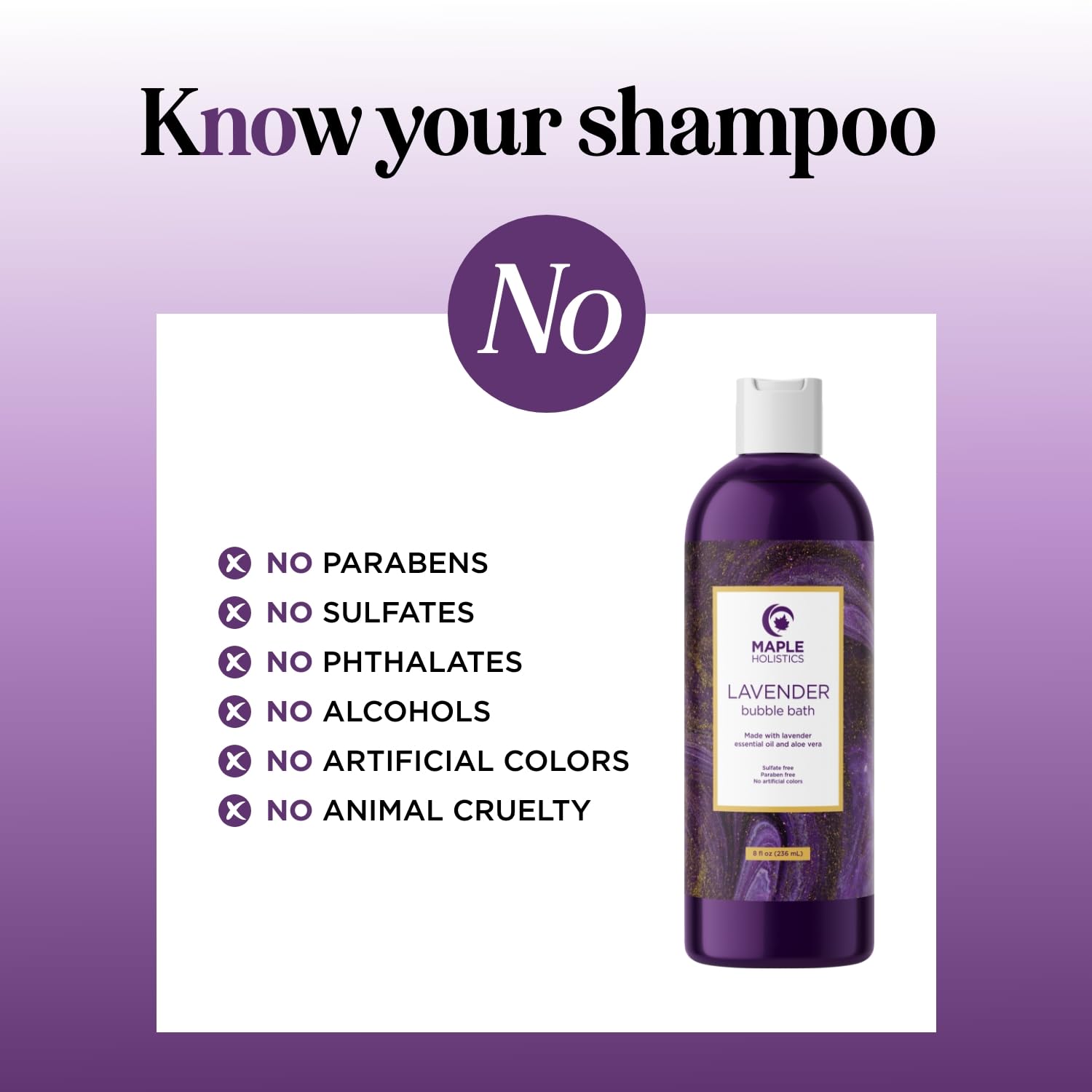 Maple Holistics sulfate-free label highlighting clean, skin-friendly bath experience.
