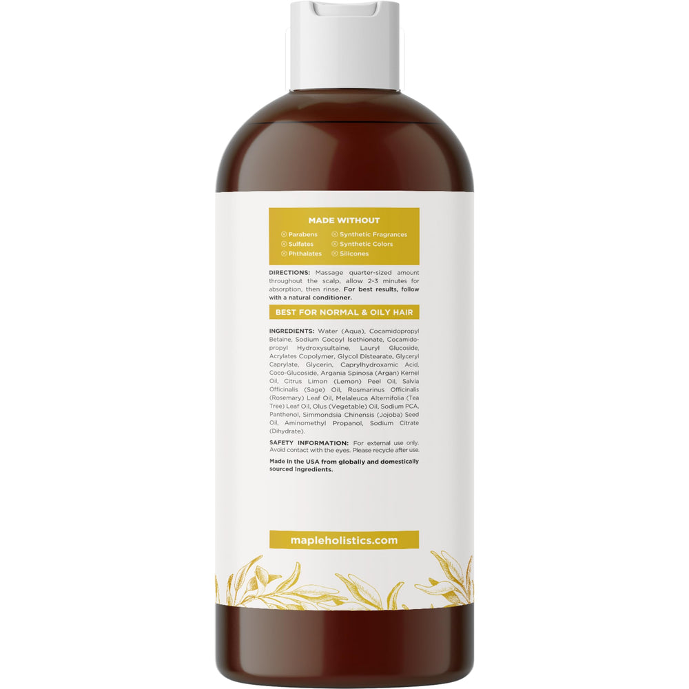 Maple Holistics clarifying hair-care bottle shows sulfate-free formula for oily hair