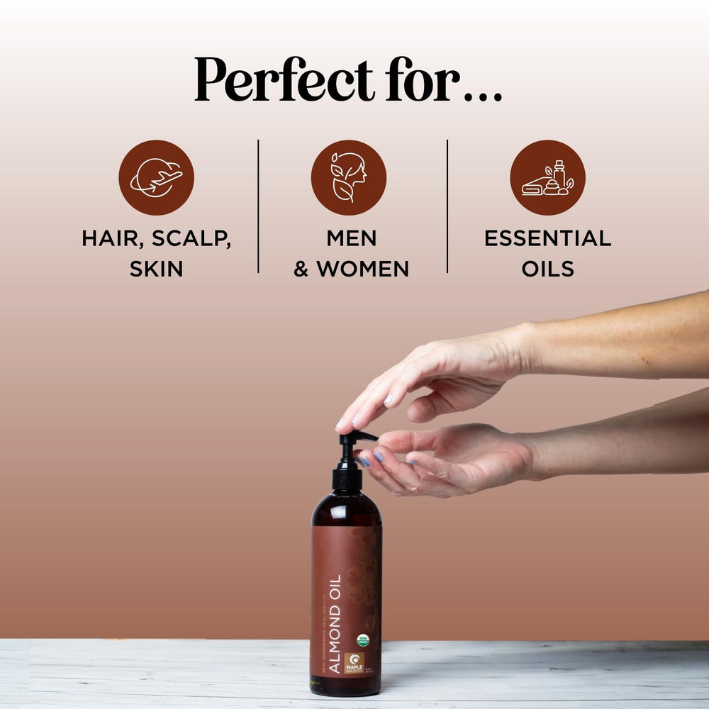 Maple Holistics Sweet Almond Oil dropper close-up for skin hydration.