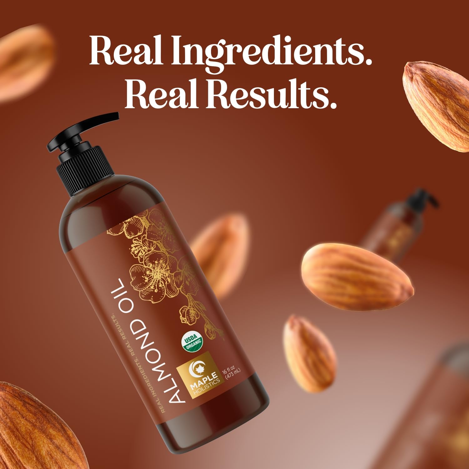 Maple Holistics Sweet Almond Oil ingredients list highlights organic purity.