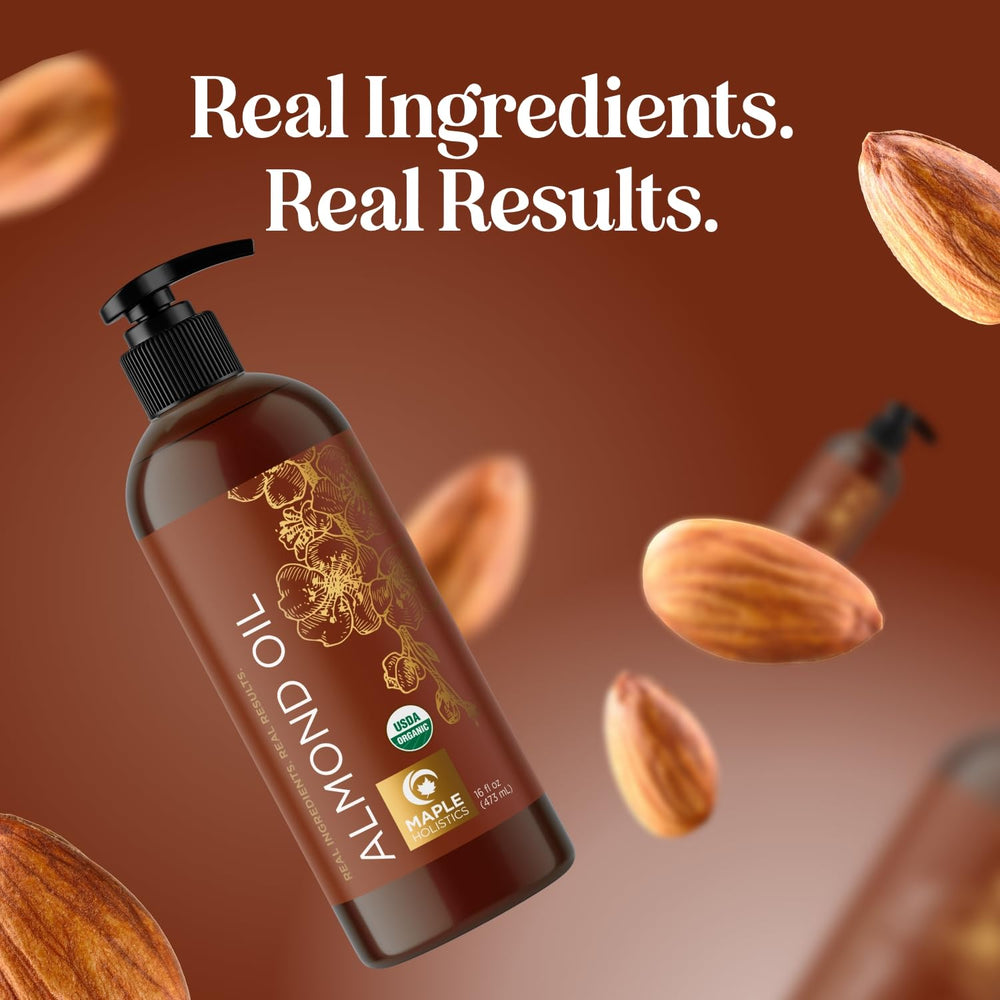 Maple Holistics Sweet Almond Oil ingredients list highlights organic purity.
