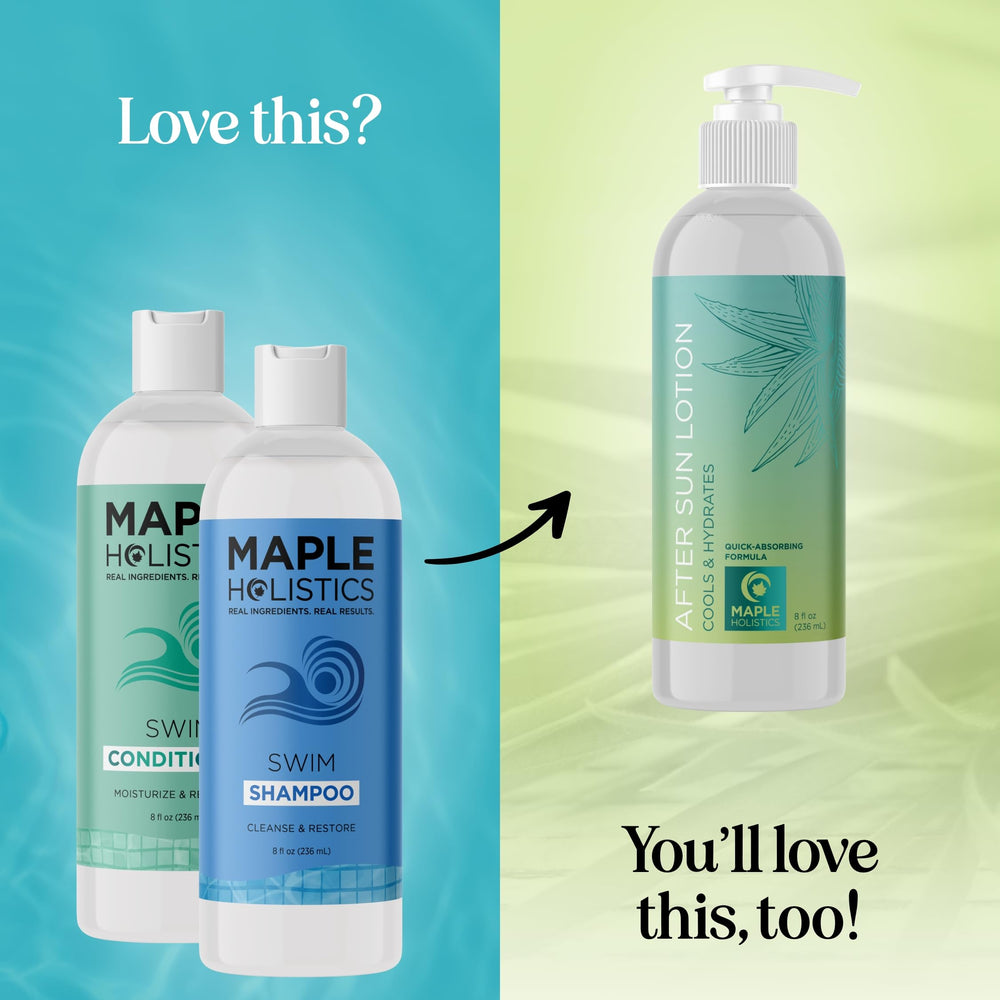 Maple Holistics swim hair care kit on counter ready for pool season
