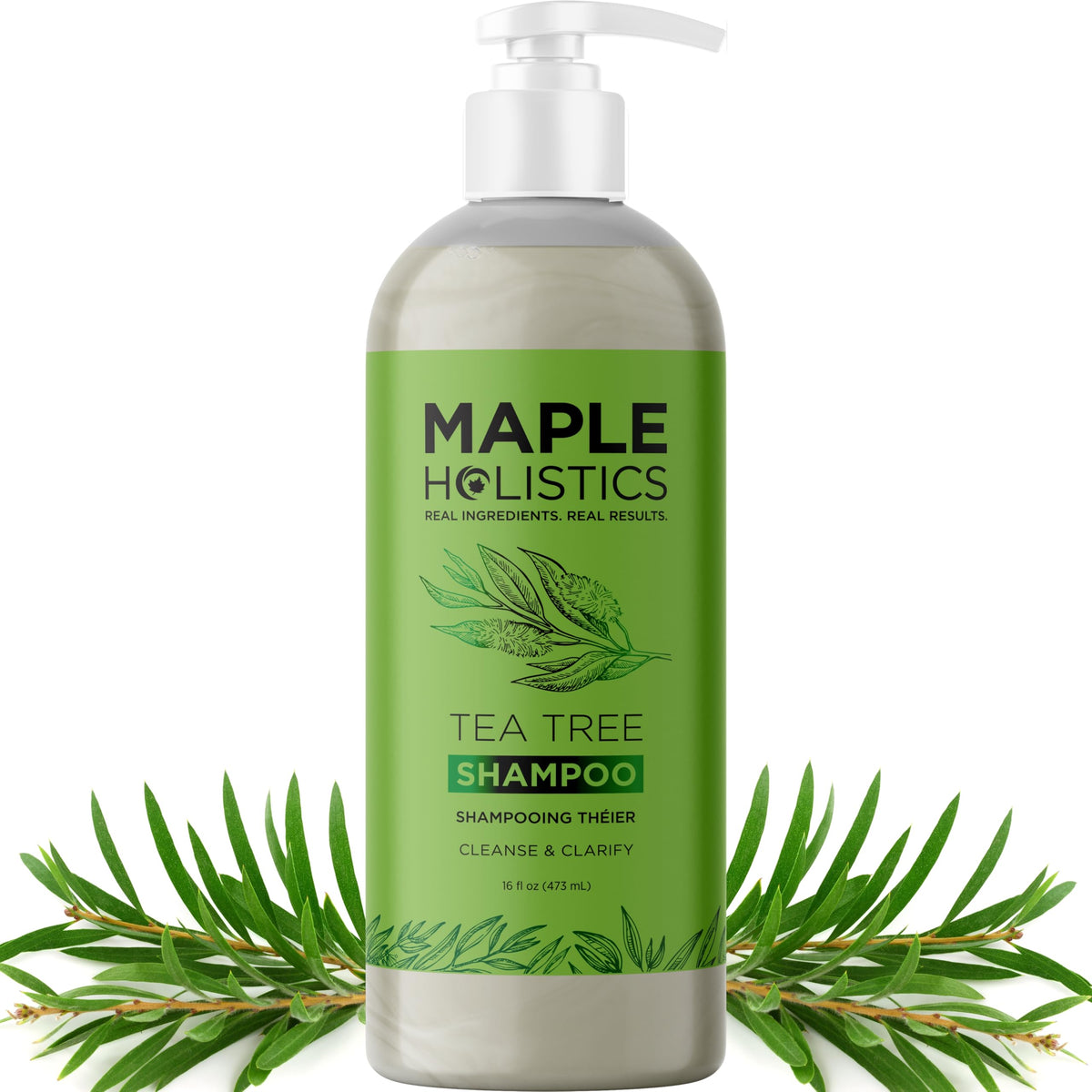 Maple Holistics tea tree clarifying shampoo bottle pour for oil control and scalp refreshment