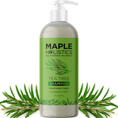 Maple Holistics tea tree clarifying shampoo bottle pour for oil control and scalp refreshment