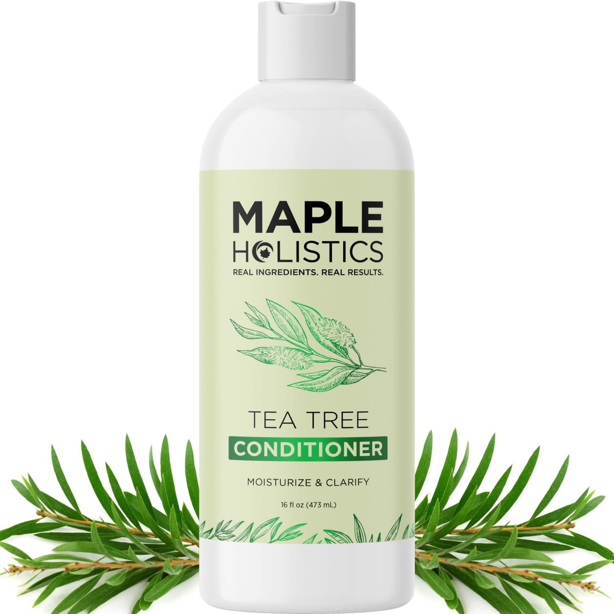 Maple Holistics Tea Tree Conditioner bottle shows sulfate-free hydration for dry hair