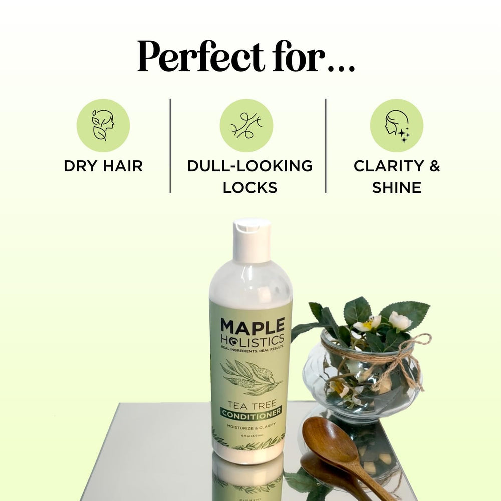 Maple Holistics Tea Tree Conditioner label closeup highlights natural oils for scalp care