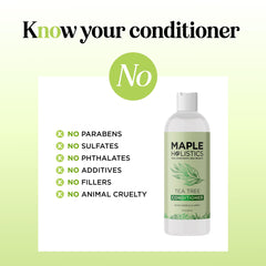 Maple Holistics Tea Tree Conditioner label highlights sulfate-free cleansing