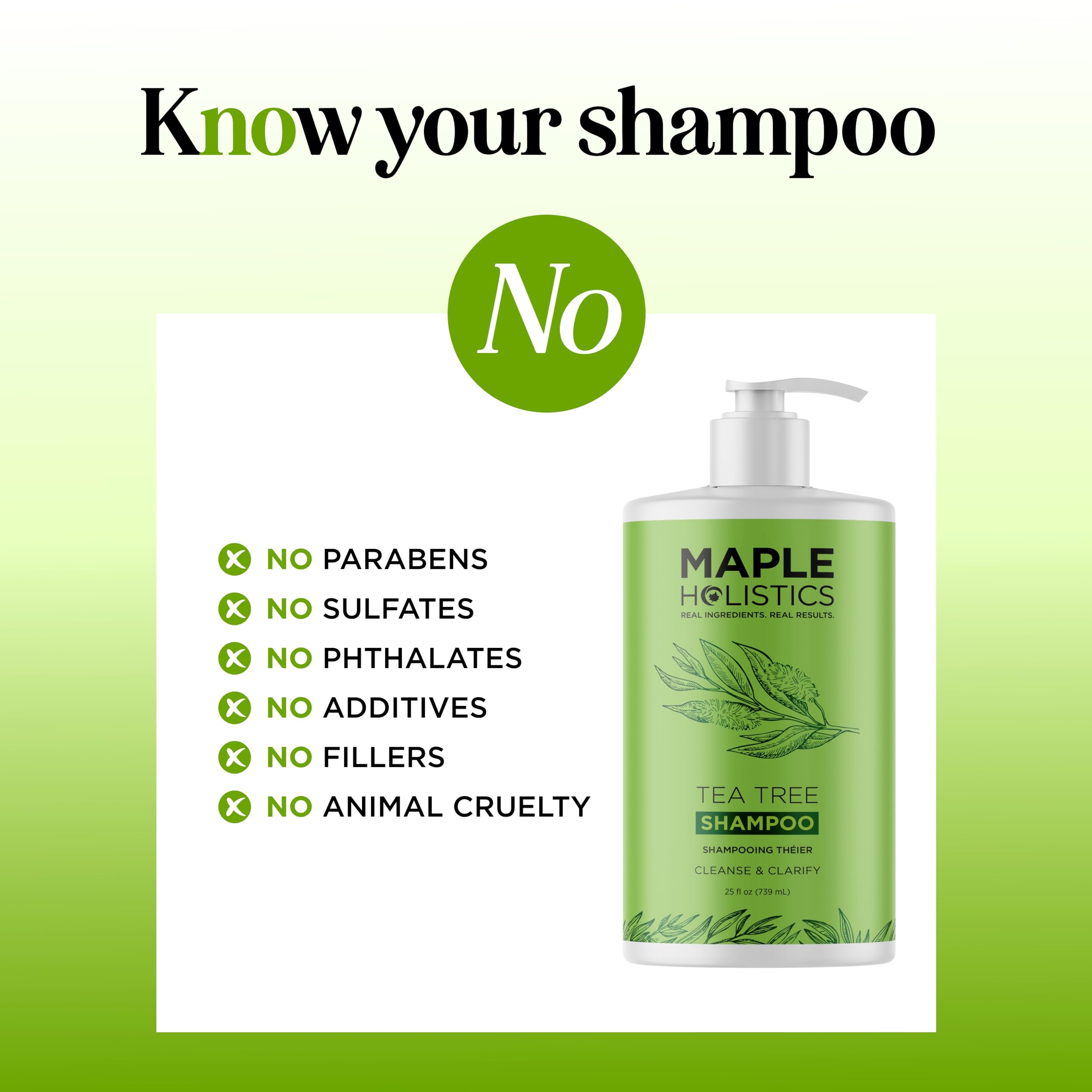Maple Holistics Tea Tree Oil Shampoo 25 oz packaging highlighted.