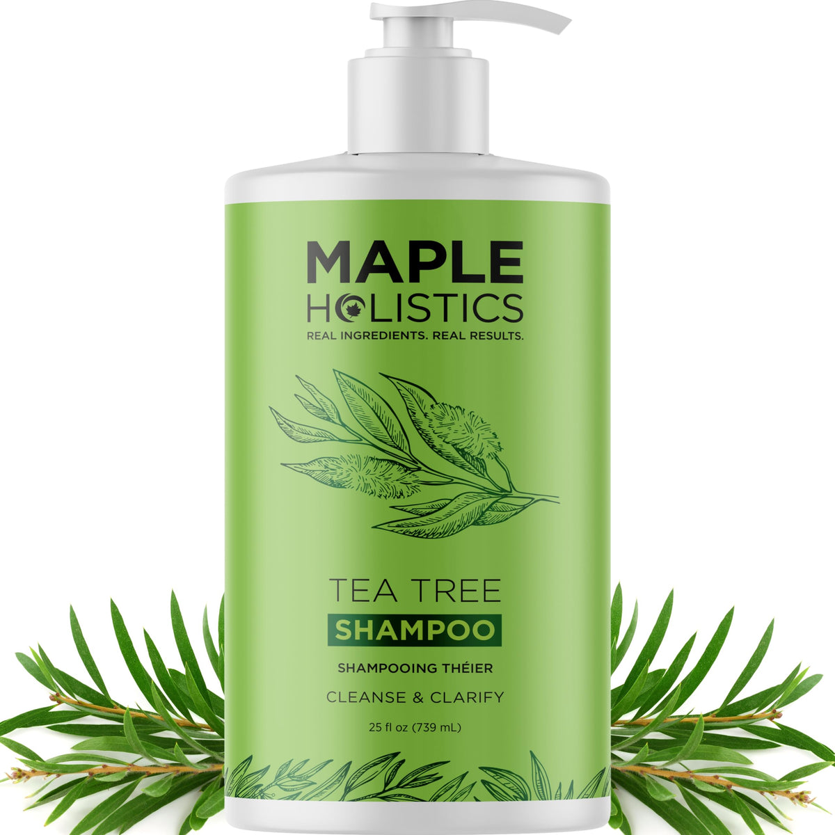 Maple Holistics Tea Tree Oil Shampoo bottle pour for refreshing scalp cleanse.