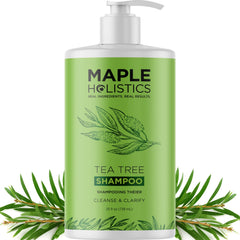 Maple Holistics Tea Tree Oil Shampoo bottle pour for refreshing scalp cleanse.