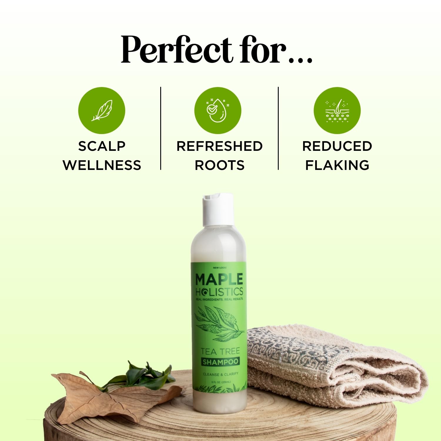 Maple Holistics Tea Tree Shampoo application demonstrates massaging into the scalp for refreshment
