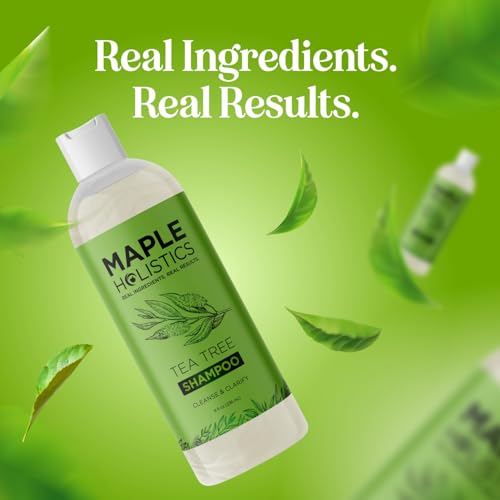 Maple Holistics Tea Tree Shampoo closeup emphasizes a pure, natural cleansing ritual