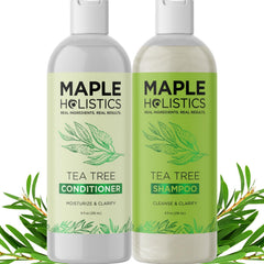 Maple Holistics tea tree shampoo bottle highlights sulfate-free cleansing for oily scalp