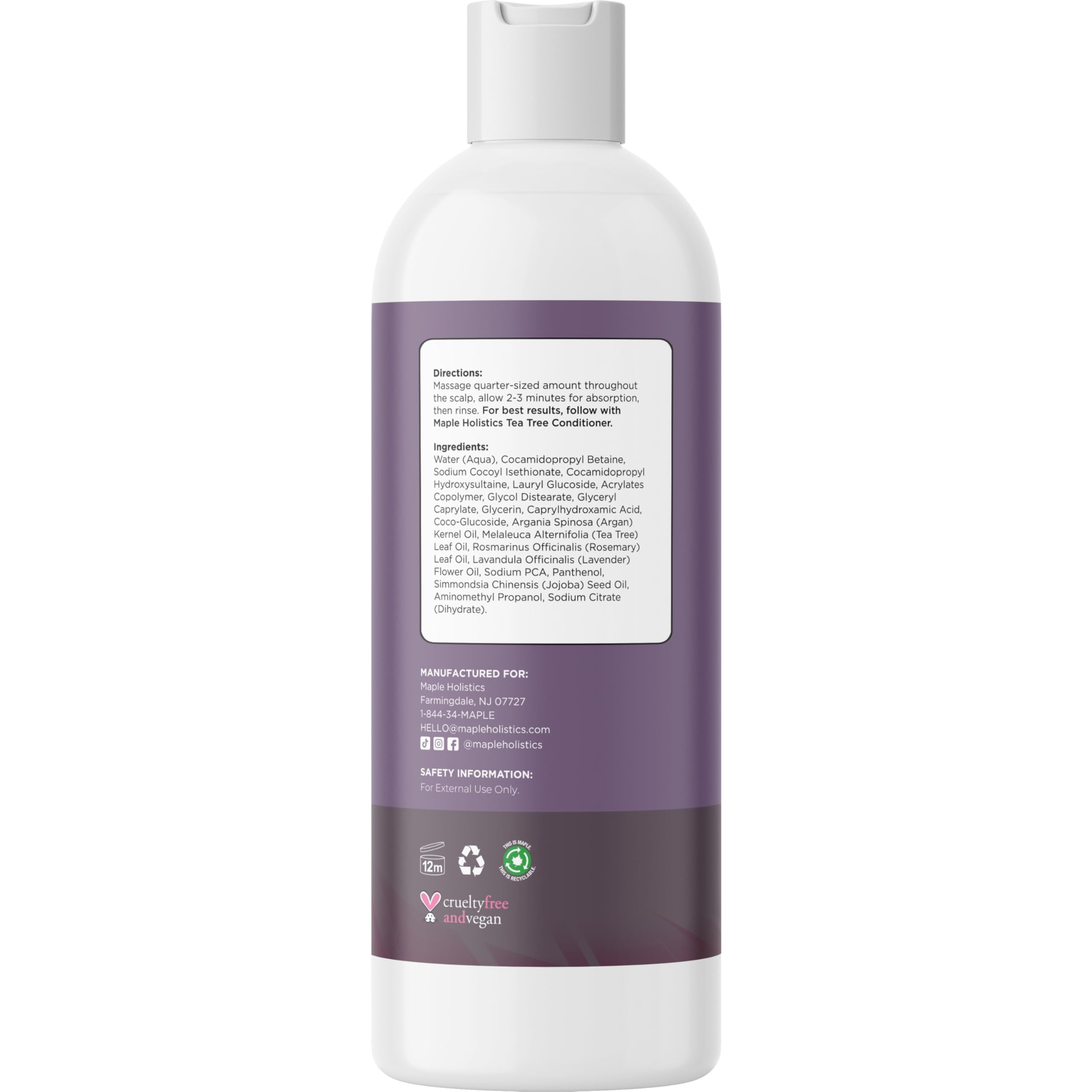 Maple Holistics Tea Tree Shampoo clarifying foam illustrates buildup removal on scalp.