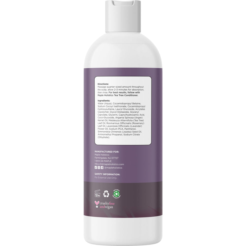 Maple Holistics Tea Tree Shampoo clarifying foam illustrates buildup removal on scalp.