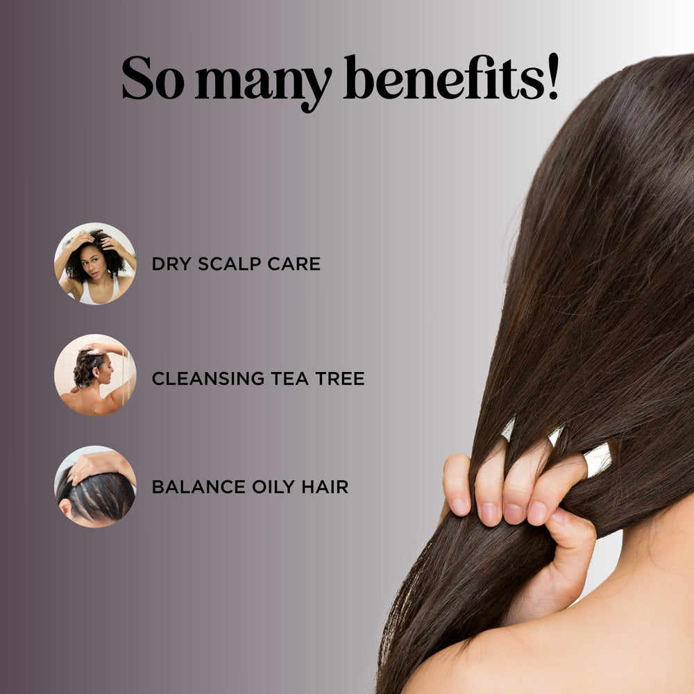 Maple Holistics Tea Tree Shampoo ingredients highlighting rosemary, tea tree, lavender for gentle care.