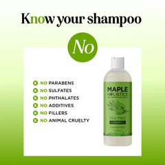 Maple Holistics Tea Tree Shampoo packaging showcases color-safe vegan formula free of sulfates