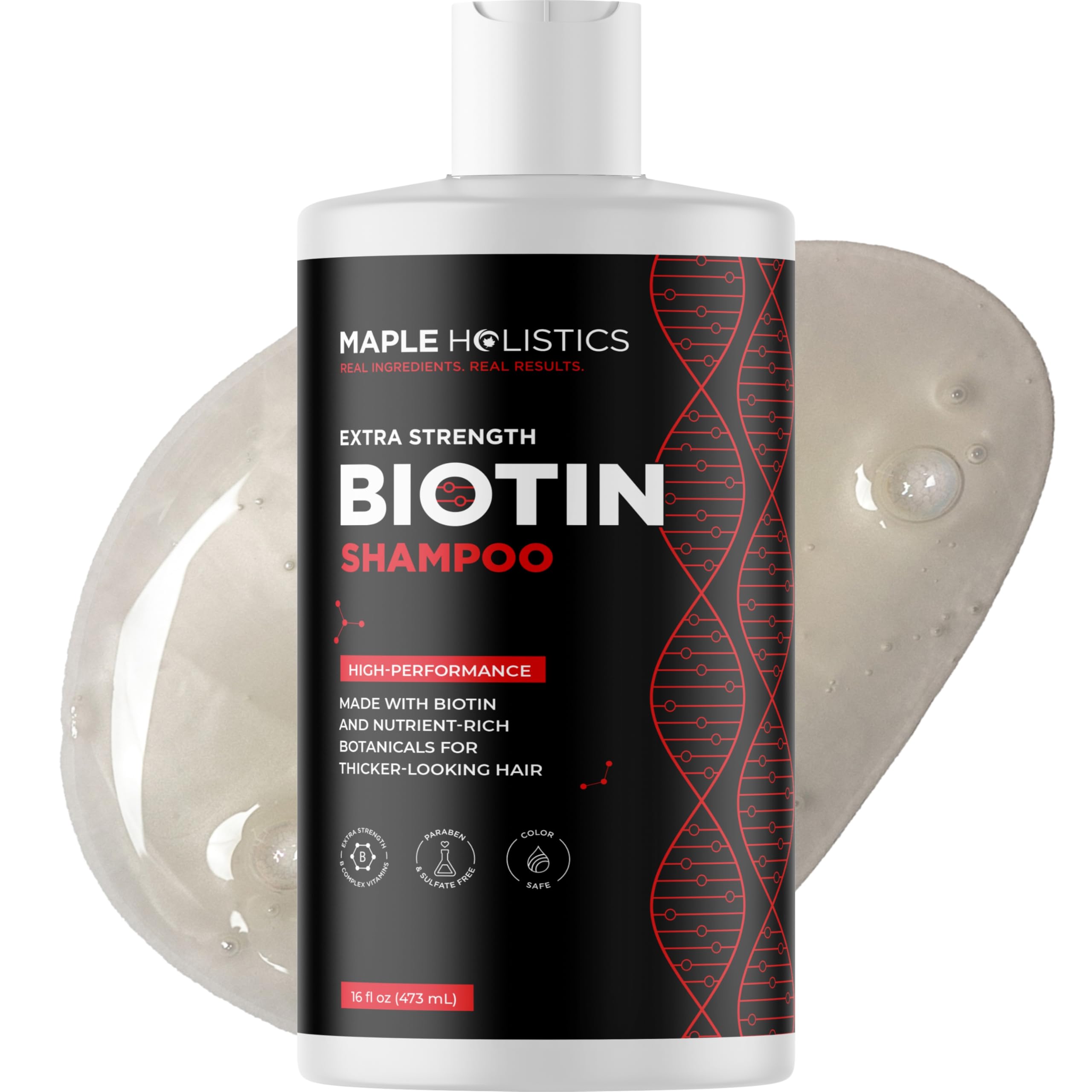 Maple Holistics Ultra Biotin Shampoo bottle on shelf for volumizing thinning hair