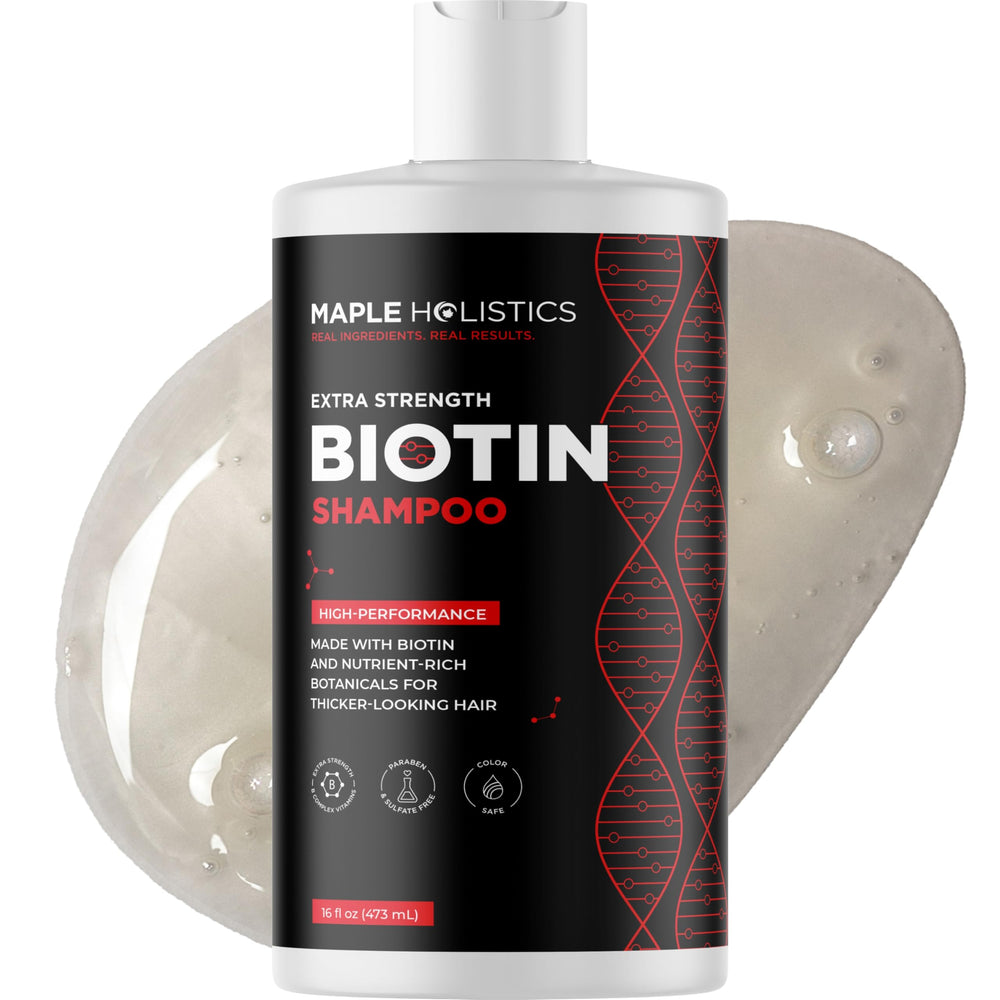 Maple Holistics Ultra Biotin Shampoo bottle on shelf for volumizing thinning hair