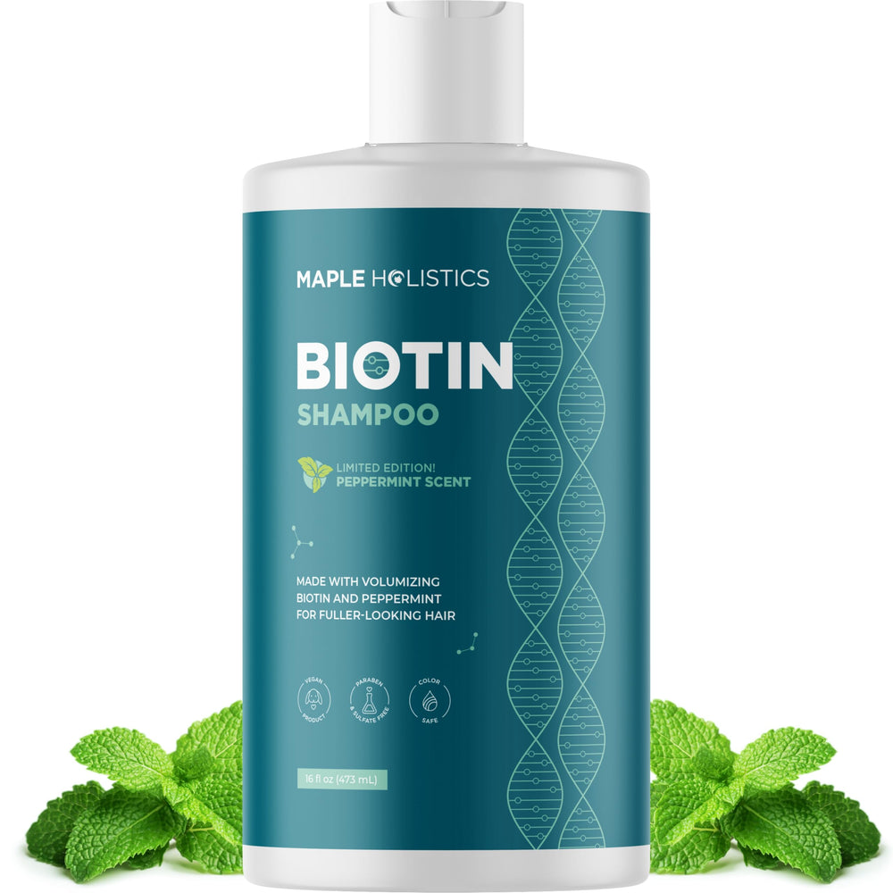 Maple Holistics volumizing biotin shampoo bottle offers a gentle cleanse for thinning hair