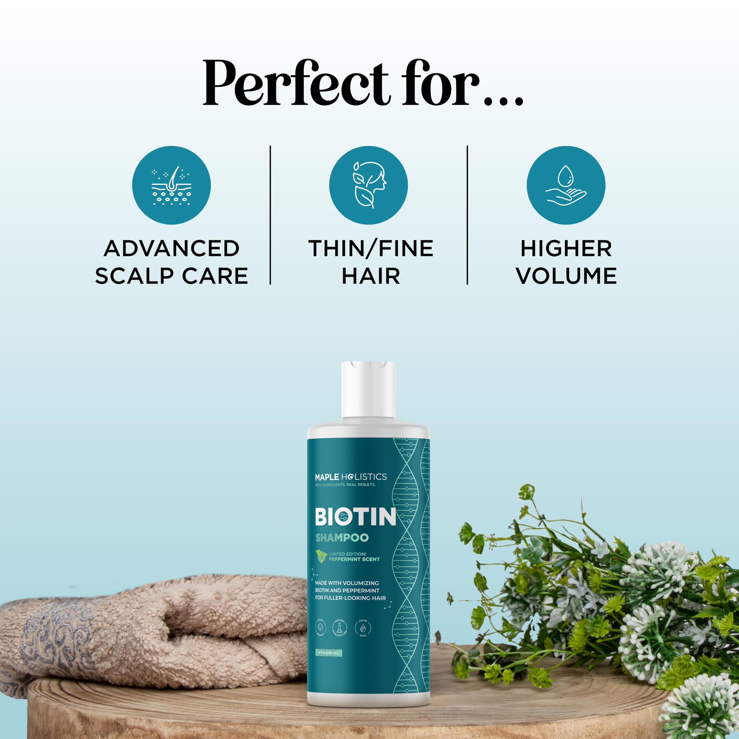 Maple Holistics volumizing biotin shampoo dry scalp close-up suggests scalp hydration benefits