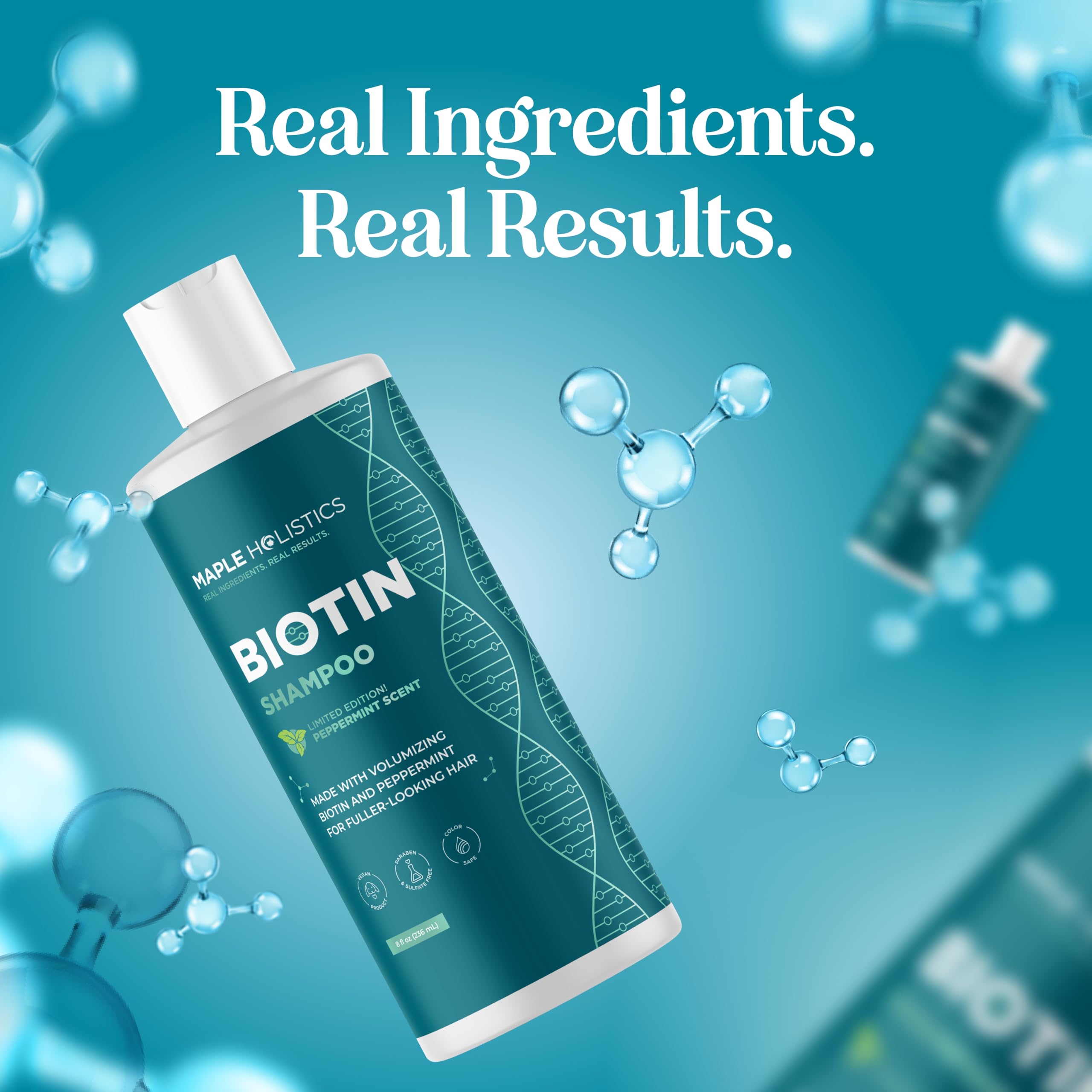Maple Holistics Biotin Shampoo product display noting dry scalp care and nourishment