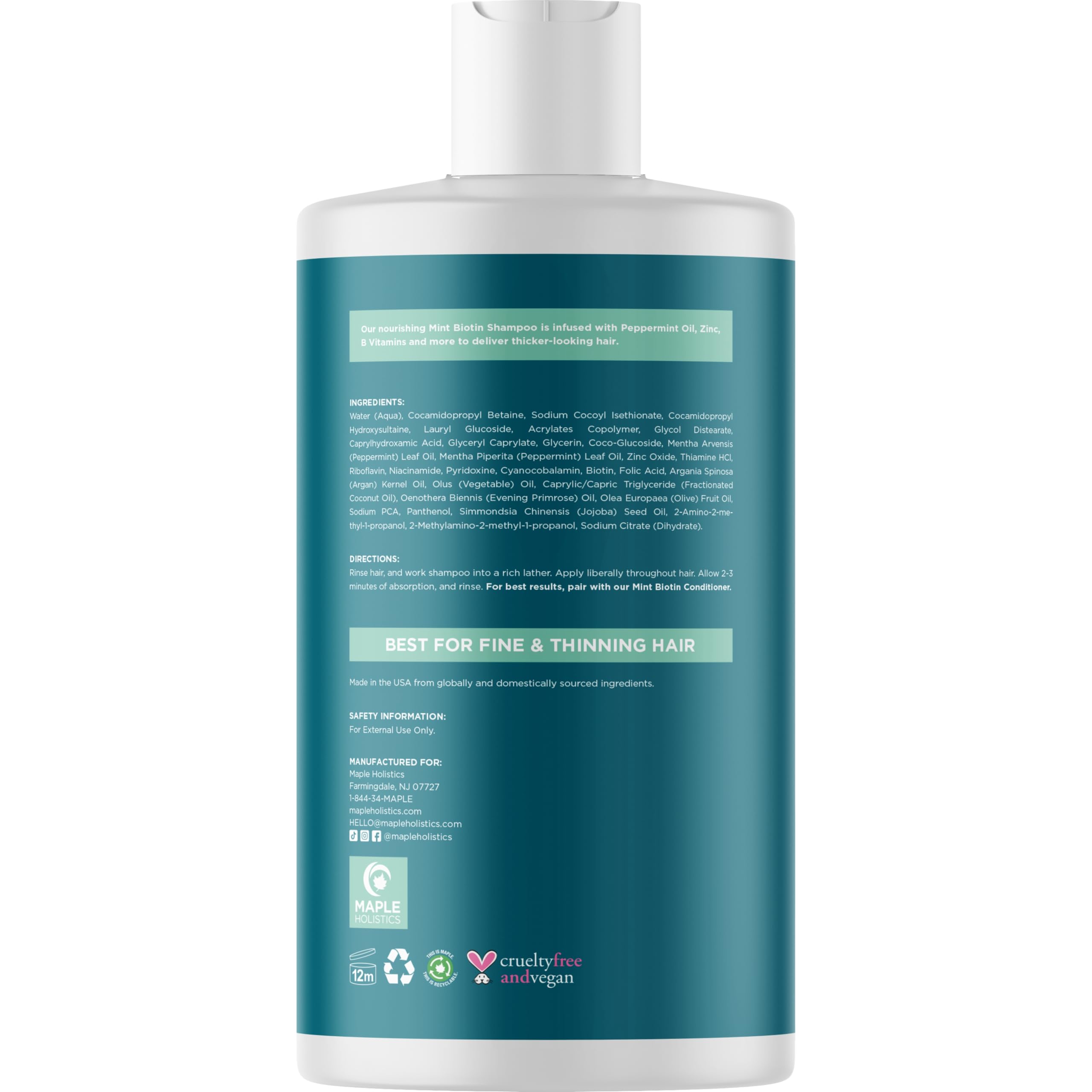 Maple Holistics volumizing biotin shampoo ingredients label highlights natural oils and biotin