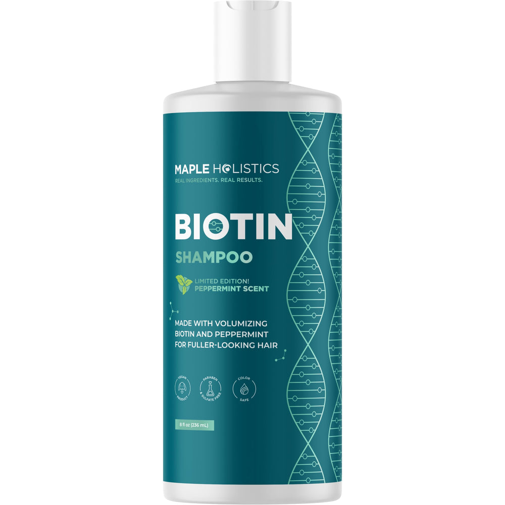 Maple Holistics Biotin Shampoo mint packaging with essential oils imagery