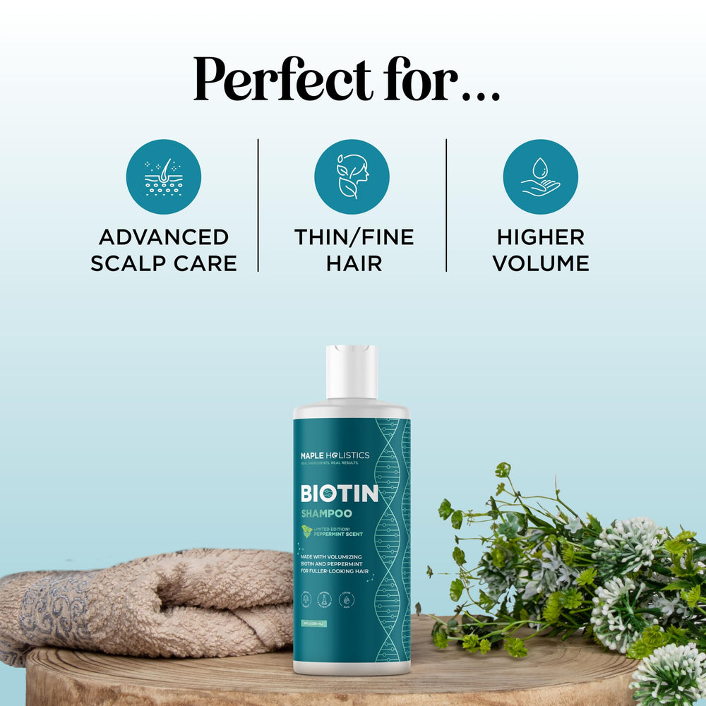 Maple Holistics Biotin Shampoo pump delivering creamy lather for scalp lift