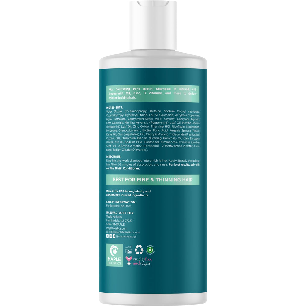 Maple Holistics Biotin Shampoo on bathroom shelf for thinning hair routine