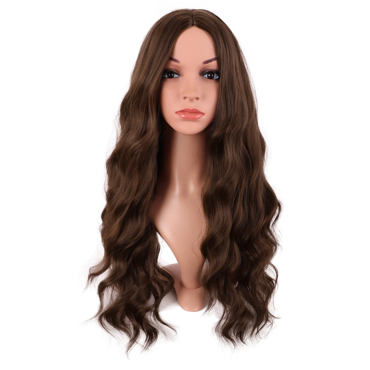 MapofBeauty 28-inch wavy middle-part brown wig on model, ideal for cosplay and parties.