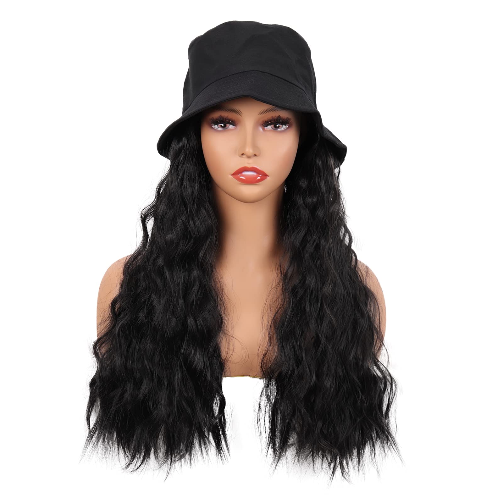 MapofBeauty hat wig 24inch front view with long wavy curls for daily wear.