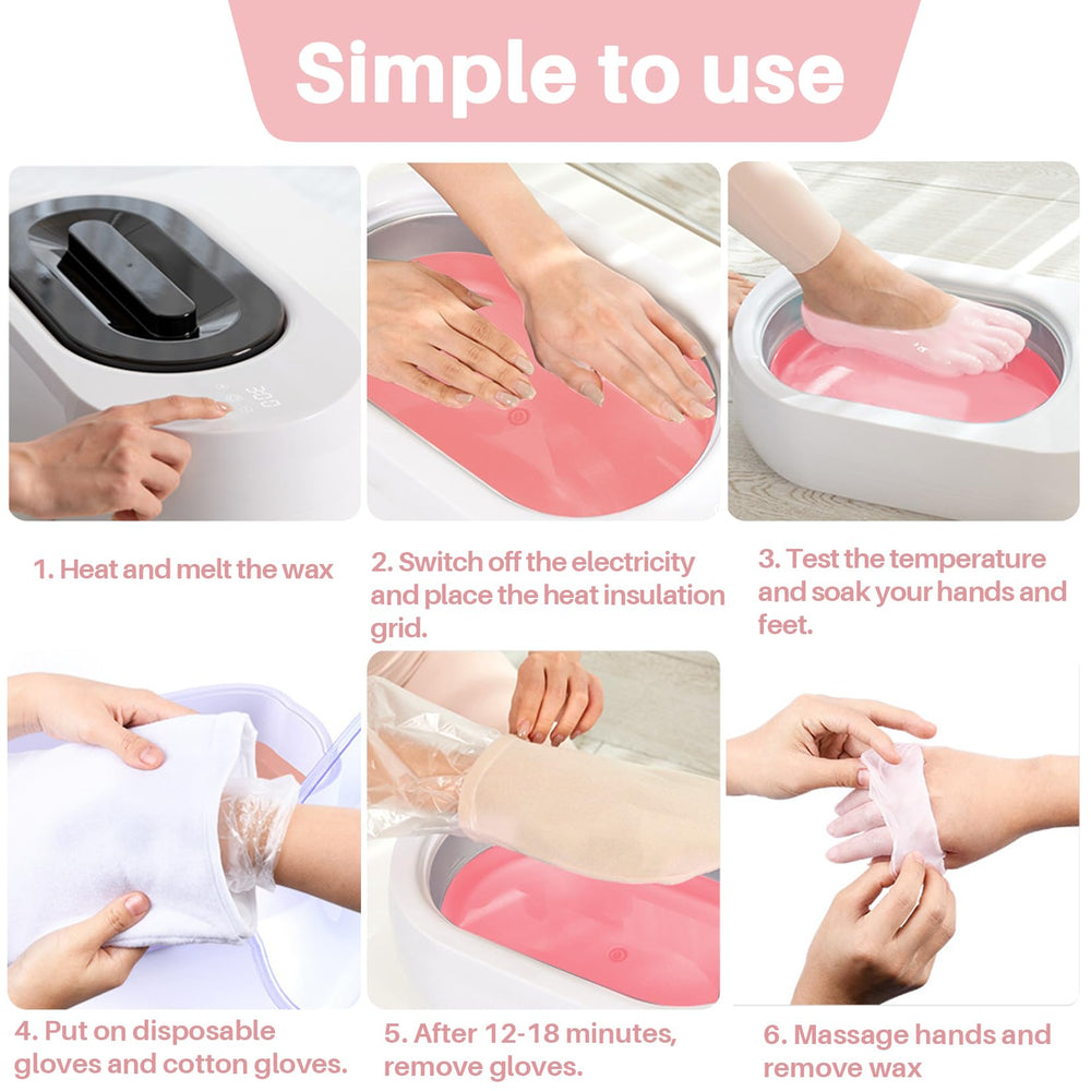 MAQIHAN paraffin wax being dipped on hands for soft, hydrated skin.