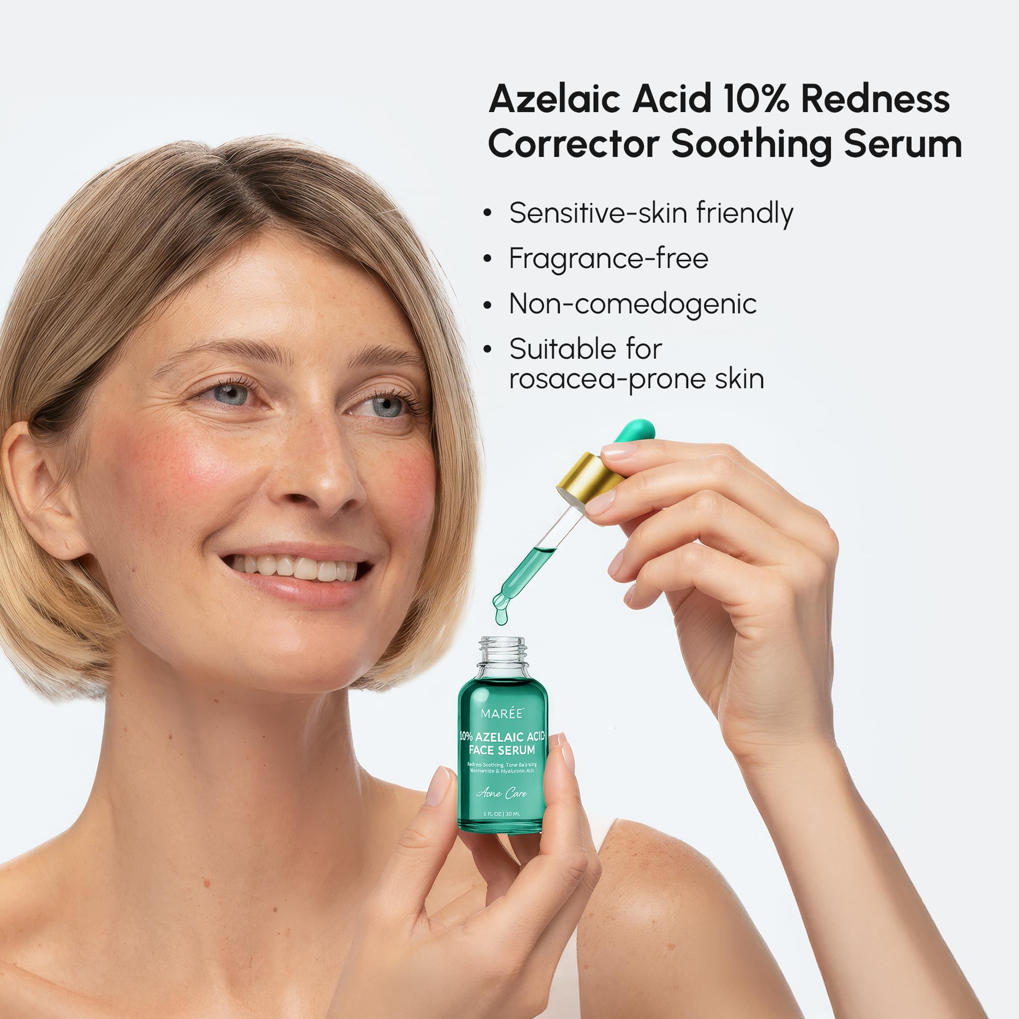 MAREE azelaic serum dropper closeup shows silky texture and quick absorption