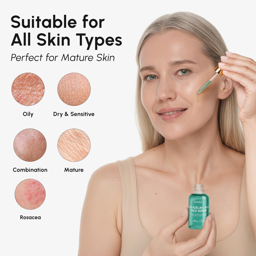 MAREE azelaic serum on skin illustrates even-toned glow and calm