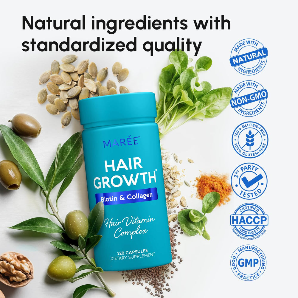 MAREE biotin-collagen formula label foreground emphasizes key nutrients