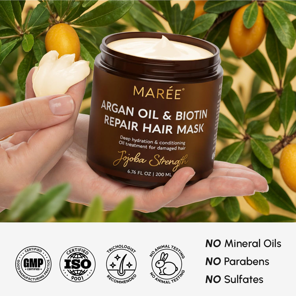 MAREE Deep Conditioning Hair Mask biotin glow shot suggests strengthened strands
