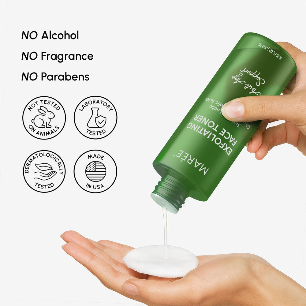 MAREE Exfoliating Toner daily-use shot suggests a gentle, repeatable routine