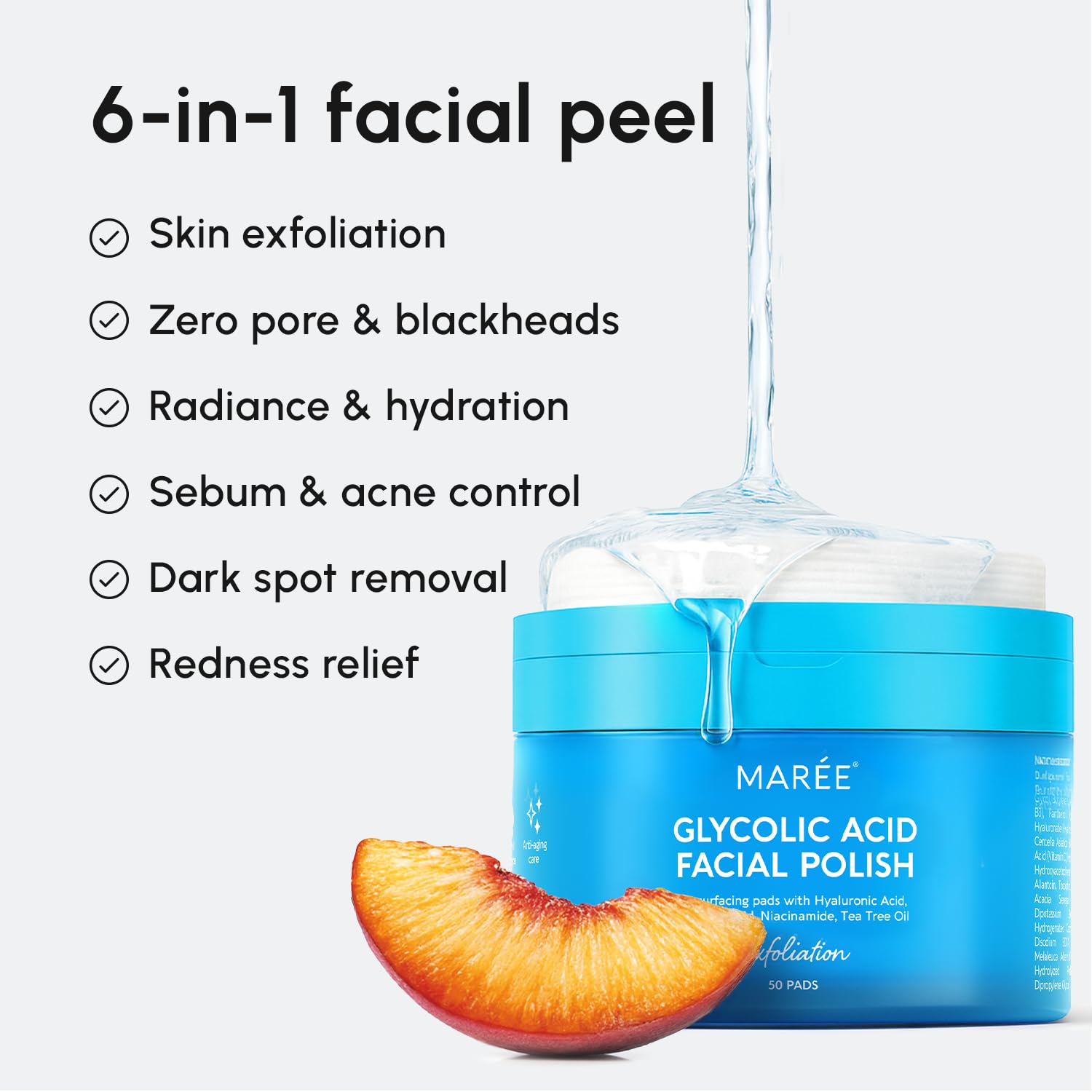 MAREE Glycolic Acid Pads dispensing-cap image suggests hygienic, controlled application.