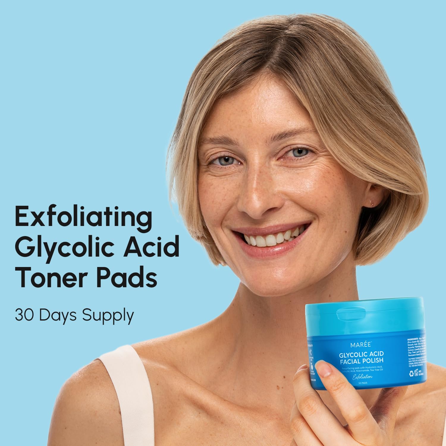 MAREE Glycolic Acid Pads on hand demonstrates easy, quick skincare refresh.