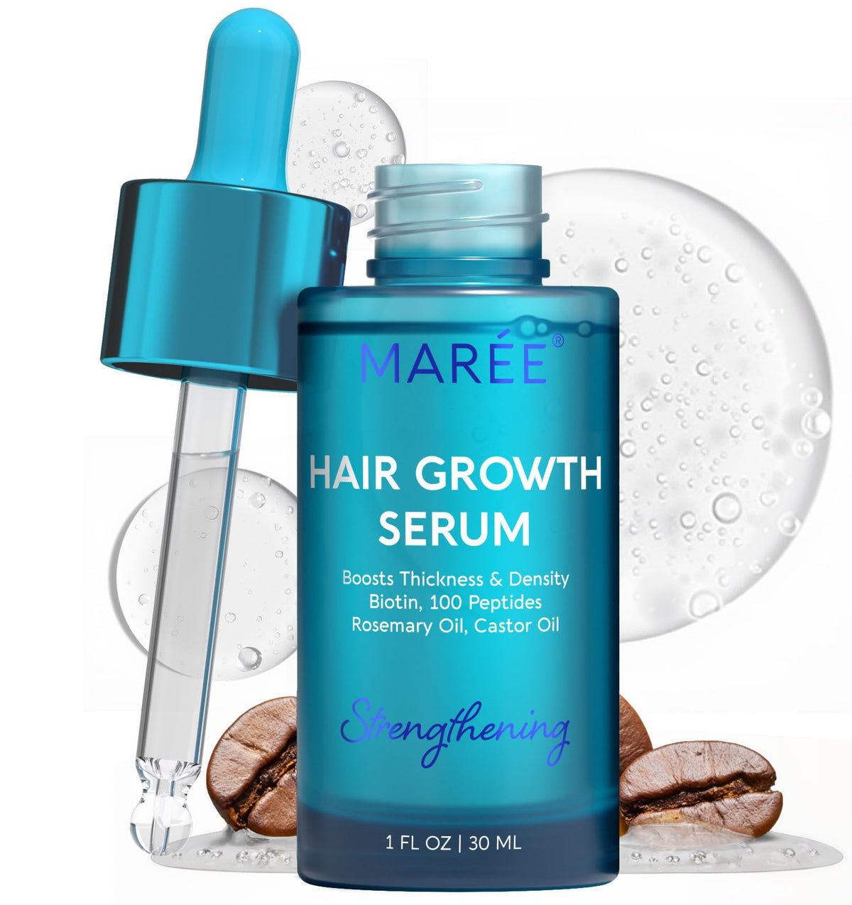MAREE Hair Growth Serum bottle close-up for daily scalp care and follicle support.