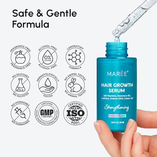 MAREE Hair Growth Serum dropper dispensing onto the scalp.