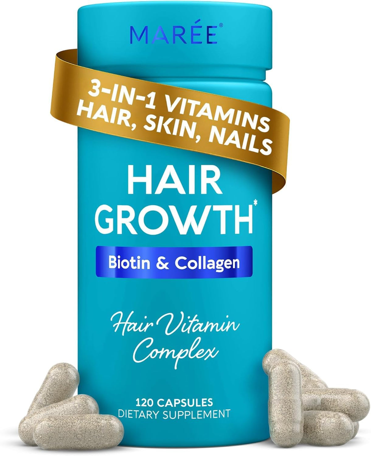 MAREE Hair Growth Vitamins bottle highlights daily nourishment for healthier hair growth
