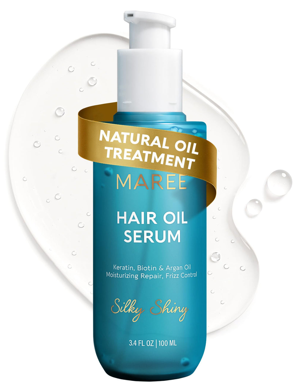 MAREE Hair Oil argan bottle pour demonstrates frizz control and shine